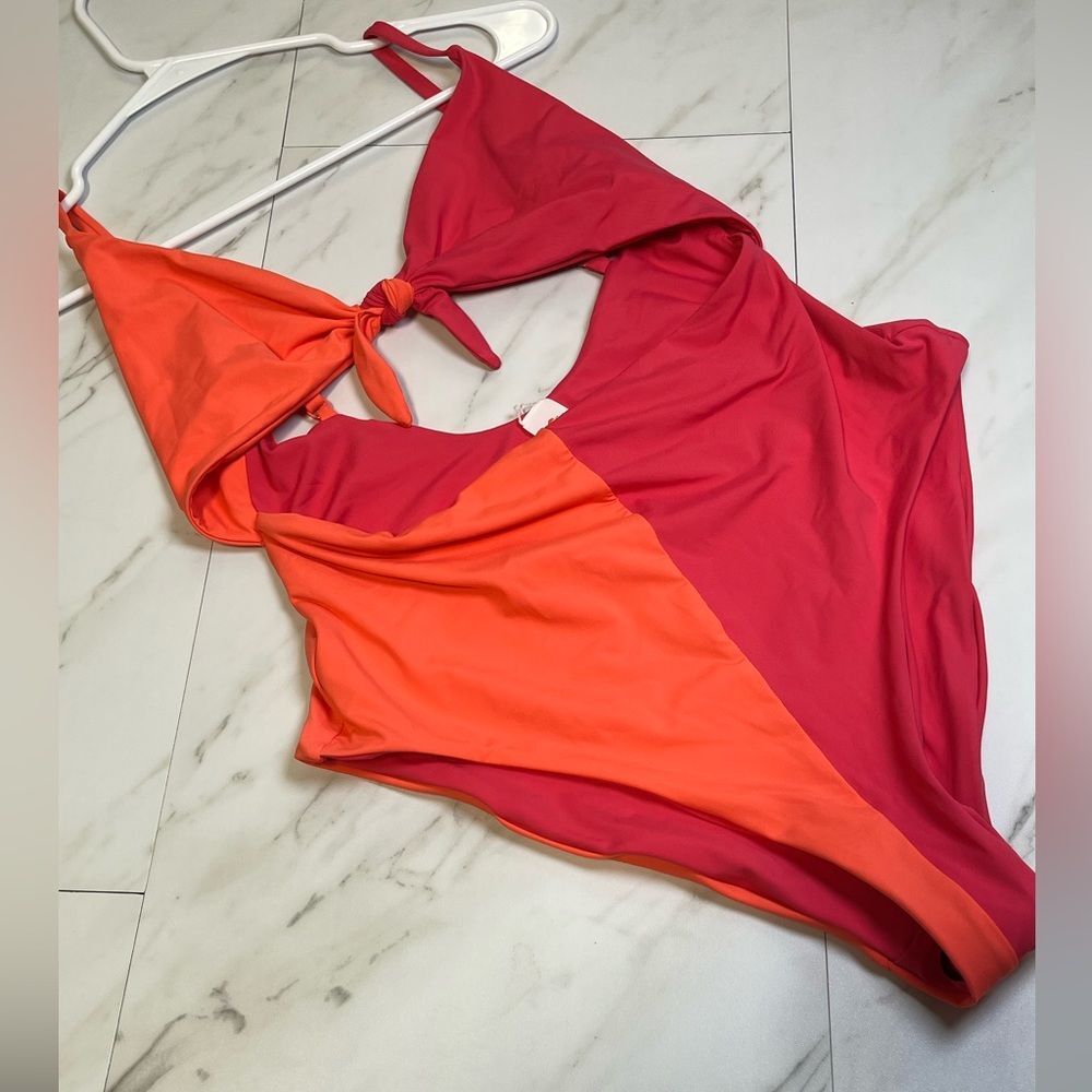 NWOT Marine Layer Havana Tie Front One Piece Swimsuit Azalea Hot Coral Size L - Picture 2 of 8